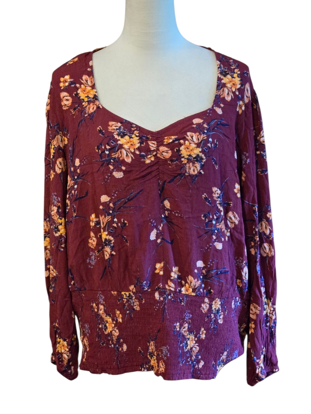 Maurices Womens 2X Burgundy Floral Smocked Peasant Blouse Long Sleeve Boho Rayon